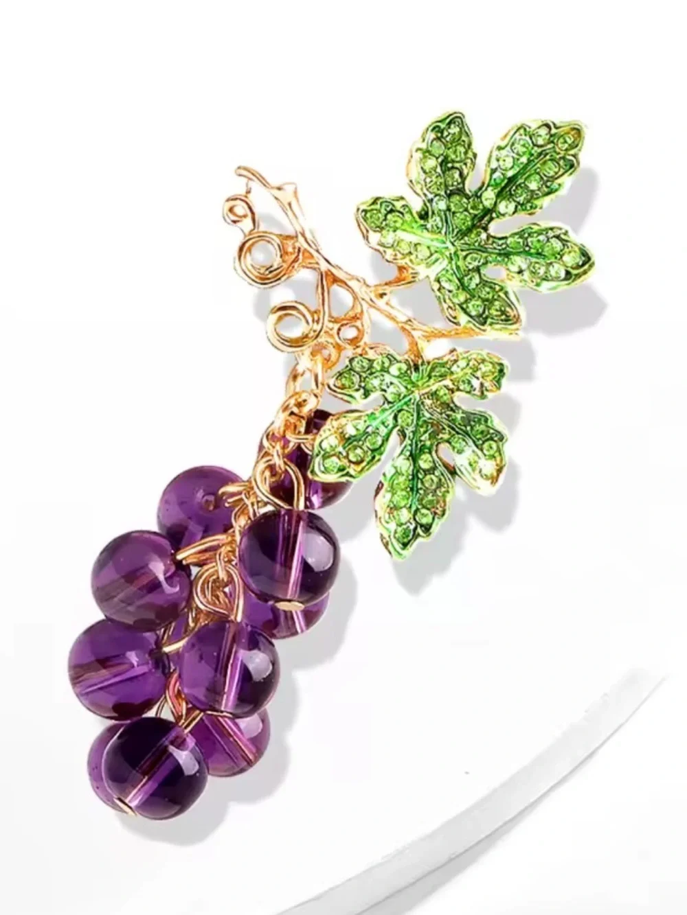 Purple  Grape Bead Cluster Crystal Leaves Brooch